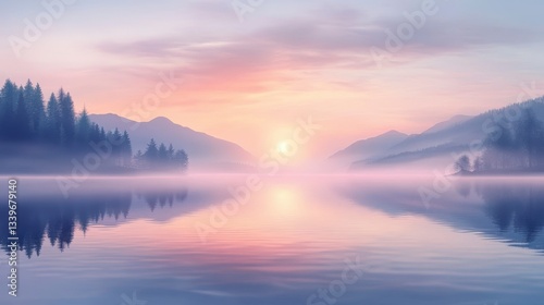 Serene Sunrise over Misty Lake and Mountains