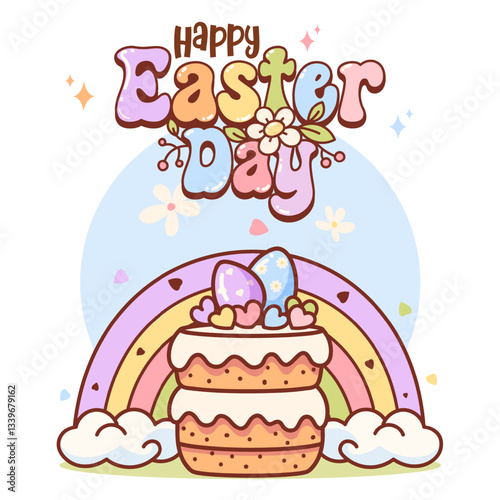 Happy Easter Day Poster with Cake and Eggs