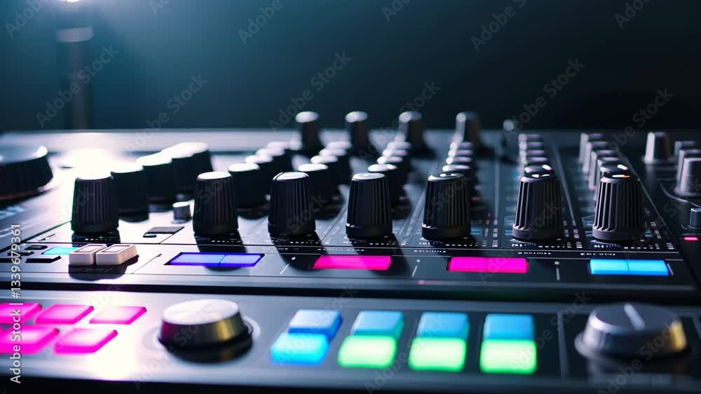 Close-up of audio mixer controls with vibrant lights enhancing creative atmosphere