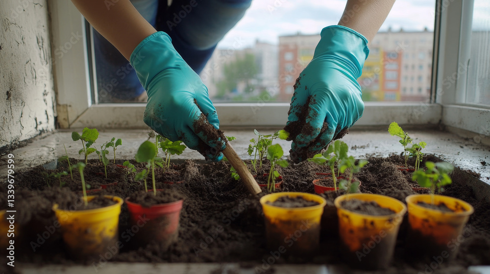 Fototapeta premium A woman agronomist, wearing colored rubber gloves, carefully rips the soil with a wooden stick, tending to her young seedlings in peat pots placed on a windowsill inside a residential building