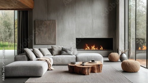 Grey corner sofa and rustic coffee table in a room with a fireplace, creating a warm and inviting space
