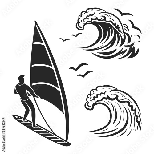 Silhouette of water wave vector icon, Wave beach vector symbol, Set of sea wave logo in black