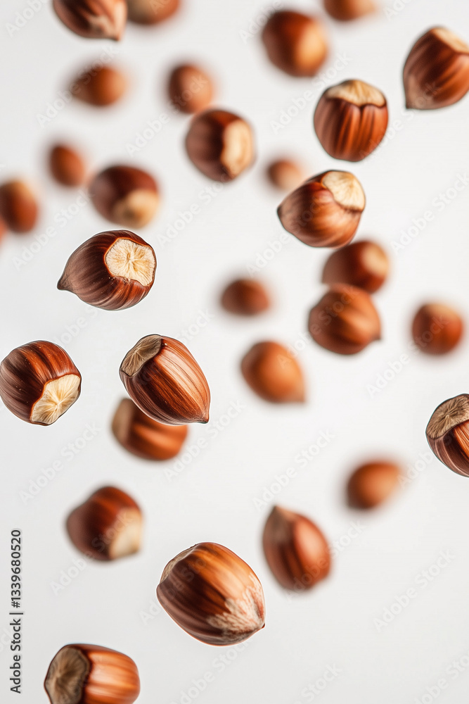 Hazelnuts floating in the air against a white background, creating a levitation effect Hazelnuts floating in the air against a white background, creating a levitation effect