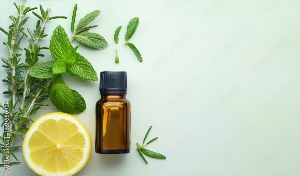 Mint, Rosemary, and Lemon Essential Oils on a green background : Aromatherapy Concept with Copy Space to Stimulate Focus and Combat Office Stress Mint, Rosemary, and Lemon Essential Oils on a green background : Aromatherapy Concept with Copy Space to Stimulate Focus and Combat Office Stress