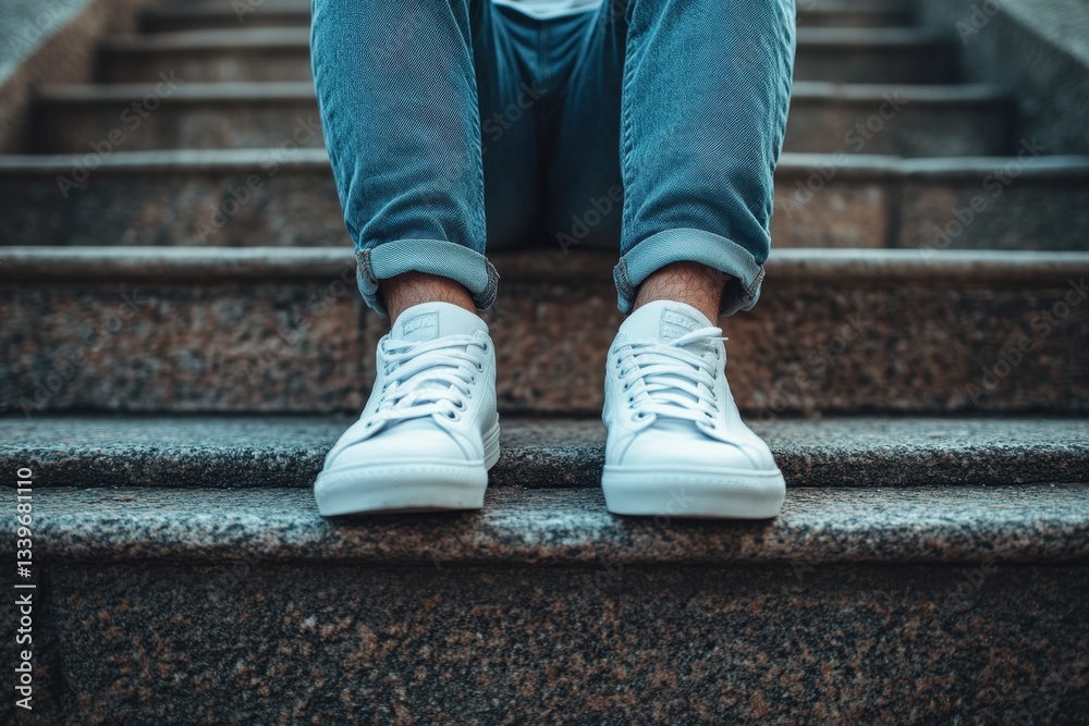 Urban Solitude: A close-up view of a person's legs and feet resting on steps, showcasing urban style, youth, and a moment of reflection. Urban Solitude: A close-up view of a person's legs and feet resting on steps, showcasing urban style, youth, and a moment of reflection.