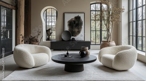 Living room with boucle armchairs and a round black coffee table in a simple, balanced design