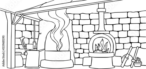 Outline of a metal foundry with molten metal minimal industrial manufacturing vector design.