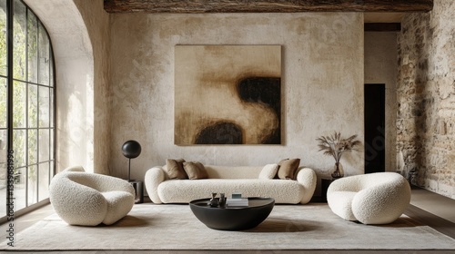 Loft-style living room with boucle chairs and sofa, stucco wall, abstract art, and a serene color palette