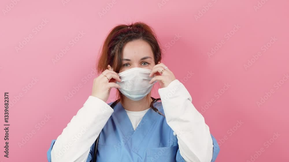 Young beautiful woman caucasian doctor in blue uniform wearing medical mask on isolated pink background Young beautiful woman caucasian doctor in blue uniform wearing medical mask on isolated pink background