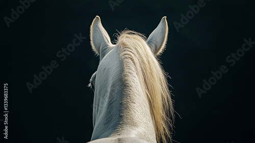 White horse seen from behind with flowing mane soft texture and strong ears standing against a dark background showing elegance and grace
