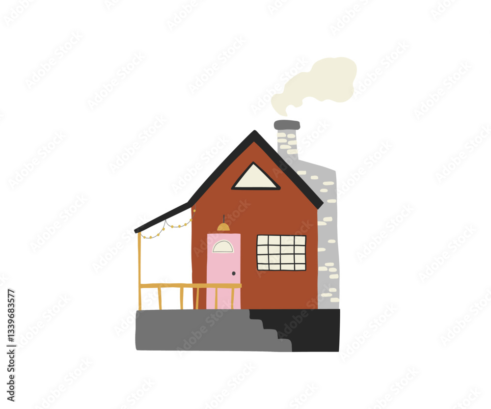 Cute cozy village house drawn in flat style. Hand drawn illustration. Cute cozy village house drawn in flat style. Hand drawn illustration.