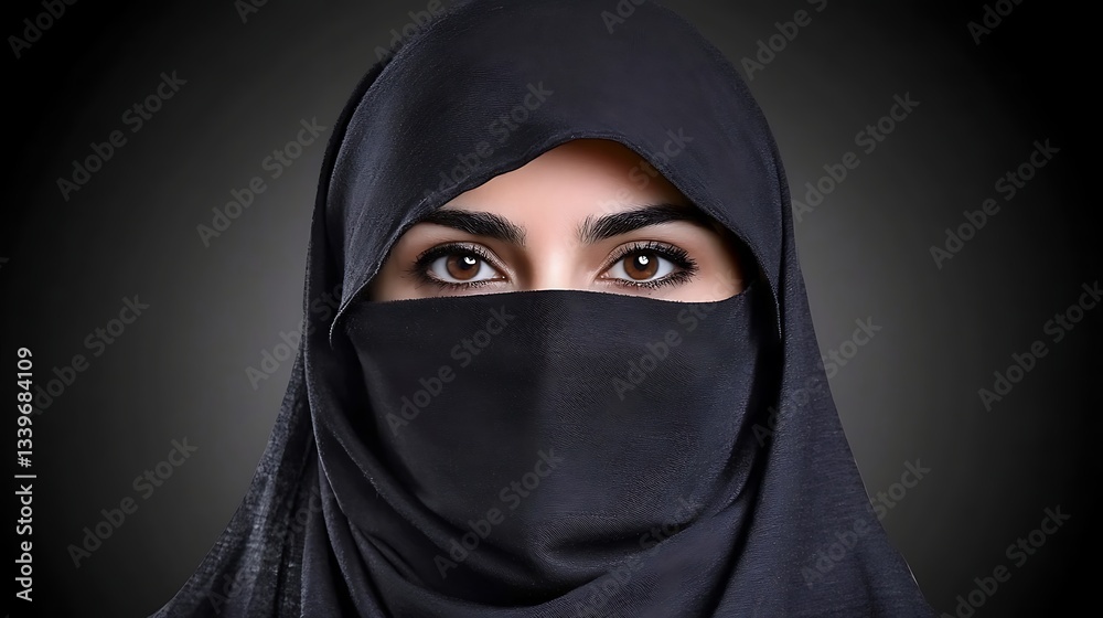 Woman with hijab looking, dark background portrait Woman with hijab looking, dark background portrait