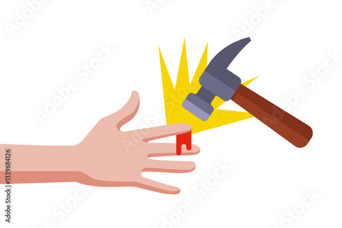 Hitting finger with hammer. Flat illustration