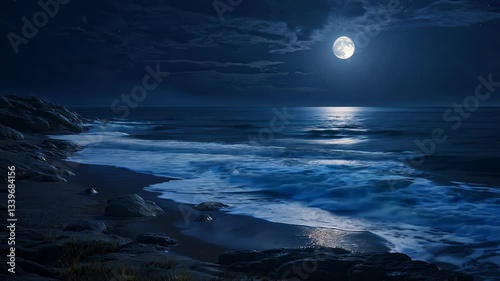 Large moon is reflected in the ocean. The sky is dark and the water is calm. The scene is peaceful and serene