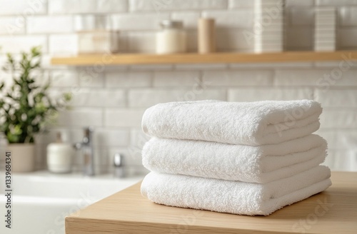 Neatly folded white towels stacked on a wooden table in a bright, modern bathroom with minimalistic decor