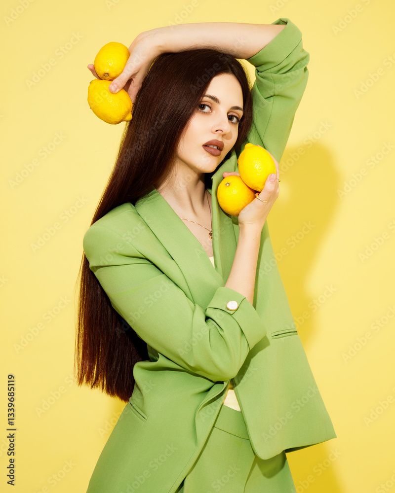 Fashion portrait of beautiful model in green suit with lemons against yellow background