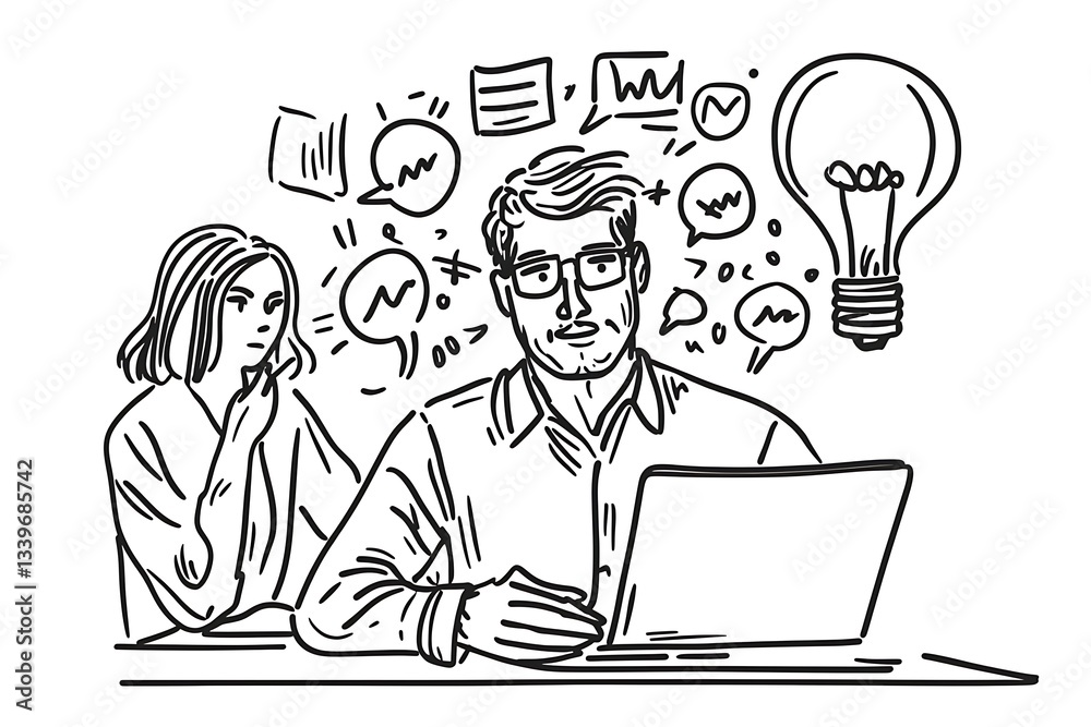 Simplified line drawing an entrepreneur brainstorming ideas Simplified line drawing an entrepreneur brainstorming ideas