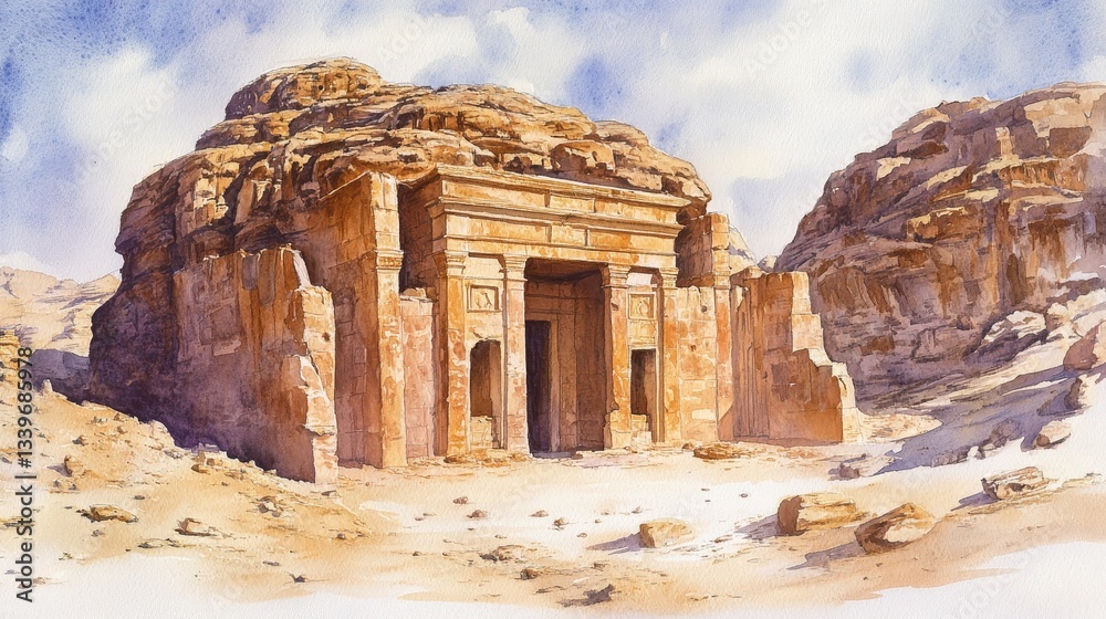 Ancient Hegra Tomb Watercolor Painting - A watercolor painting depicts the ancient Hegra tomb in Madain Saleh, Saudi Arabia. It symbolizes history, archaeology, heritage, exploration