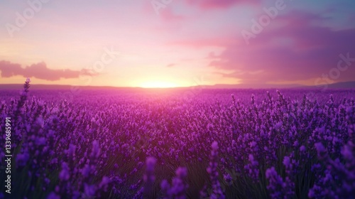   A field of lavender flowers with the sun setting in the distance is optimal
