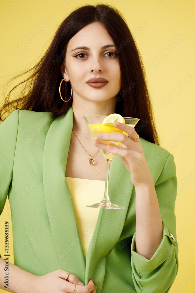 Fashion portrait of beautiful model in green suit with glass of lemonade against yellow background