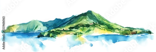 Azores Island Watercolor Landscape - Serene watercolor painting of Azores Islands, Portugal. Symbolizing tranquility, nature, escape, beauty, and exploration