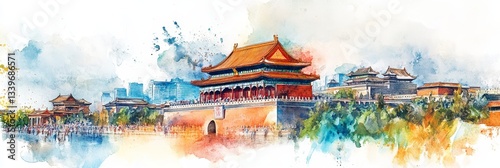 Beijing's Forbidden City Watercolor - Serene watercolor painting of Beijing's Forbidden City, symbolizing history, culture, architecture, imperial power, and tranquility