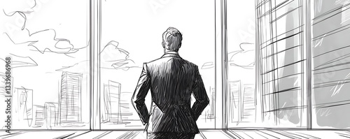 Simplified line sketch a businessman in a high-rise office
