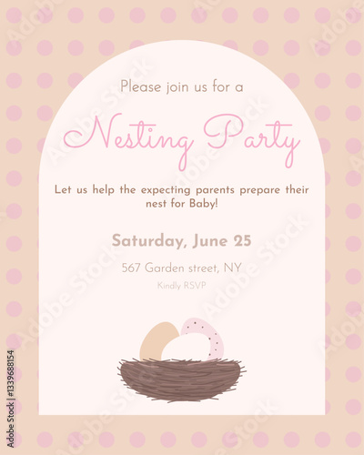 Nesting Party invitation with a bird's nest, beige and pink eggs, in pastel colors. Ideal for baby showers, gender reveal parties, nature-inspired celebrations. Vector illustration.