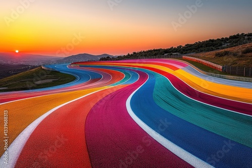 Vibrant Colors and Winding Curves of the Racing Track at Sunset Create a Stunning Visual Display in the Landscape, Showcasing the Artistry of Motorsport Design