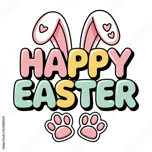 Colorful letters spell out Happy Easter in pastel shades, accented by bunny ears and paw prints.