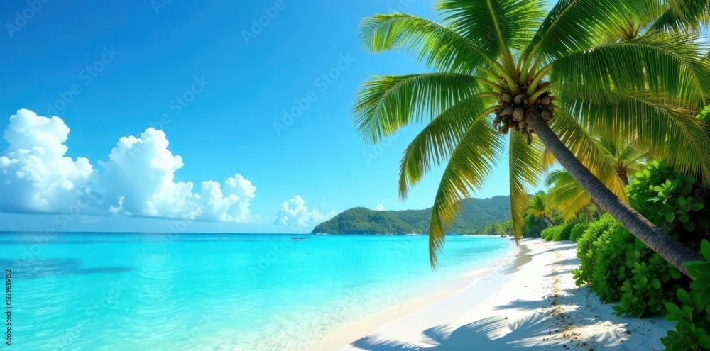 Lush coconut palms bend over a vibrant, blue Caribbean sea , turquoise, sand, idyllic Lush coconut palms bend over a vibrant, blue Caribbean sea , turquoise, sand, idyllic