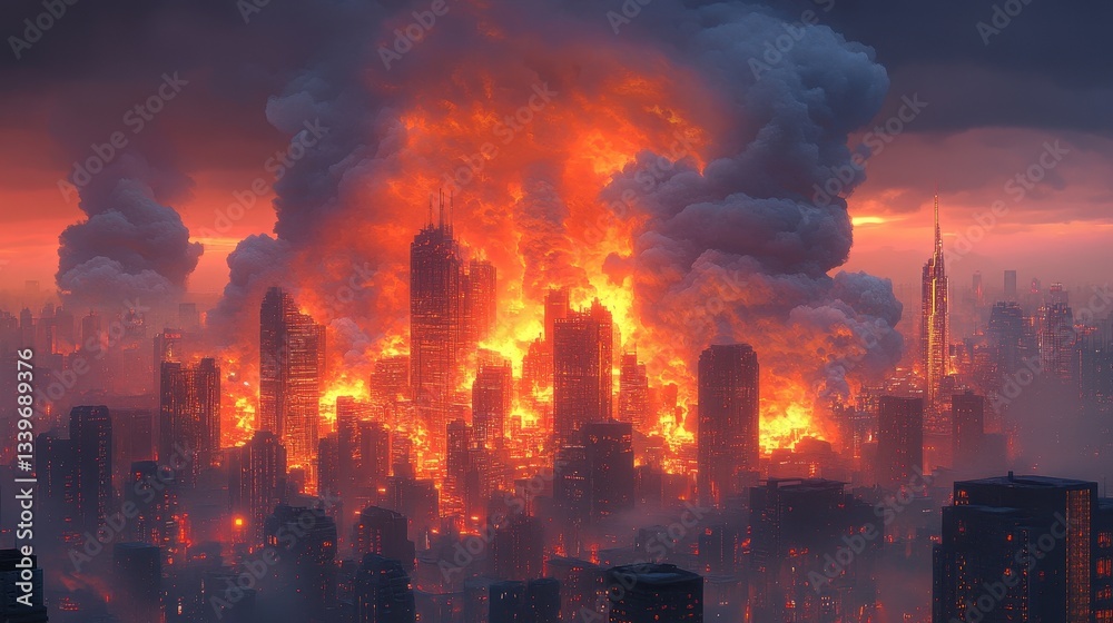 Fototapeta premium A City Under Siege Burning Severely During An Intense Blaze