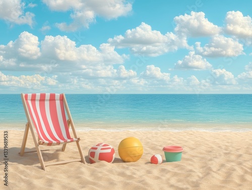 Wallpaper Mural striped chair and beach toys on sandy beach on a sunny summer day. Retro vacation and leisure concept for banner, card or wallpaper. Torontodigital.ca