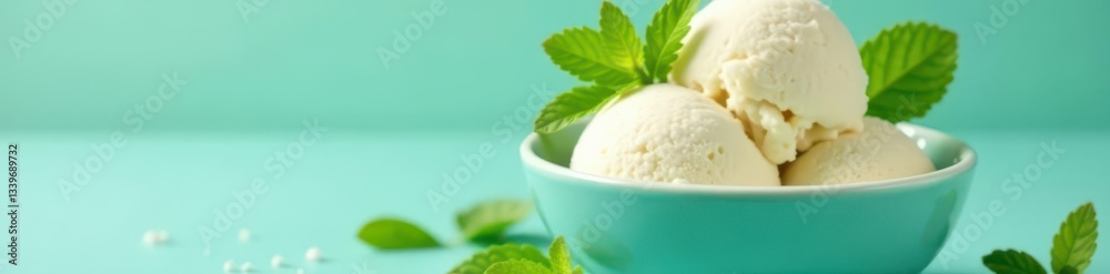Smooth vanilla ice cream scoops, fresh mint leaves, turquoise bowl, culinary, mint leaves, minimal Smooth vanilla ice cream scoops, fresh mint leaves, turquoise bowl, culinary, mint leaves, minimal