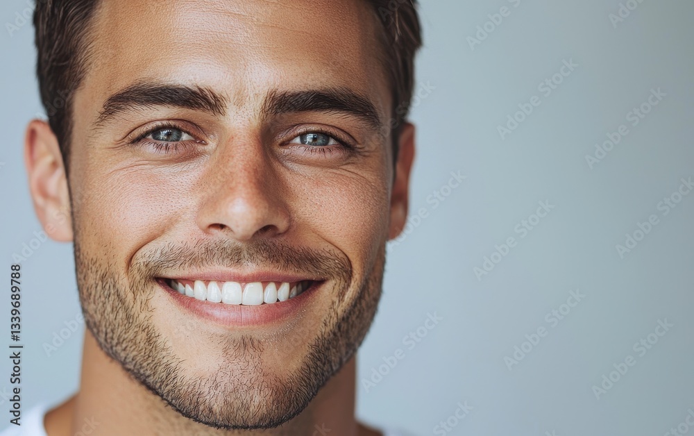 Fototapeta premium Close-up portrait of a man with a clean-shaven face, smiling gently