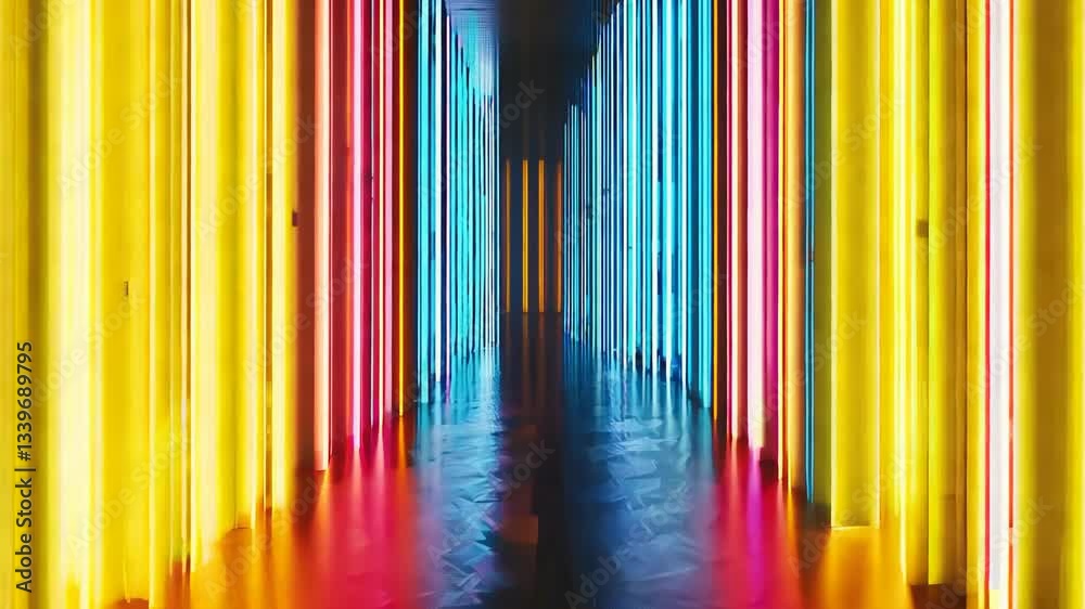Long hallway with neon colored lights. The colors are bright and vibrant, creating a sense of energy and excitement. The lights are arranged in a way that they seem to be moving
