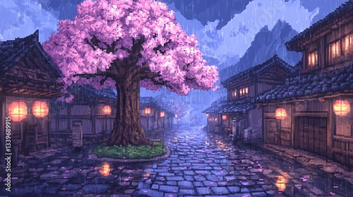 Pixel art image of a quiet Japanese town street during a rainy night, with cherry blossom tree and traditional buildings lit by warm lanterns.