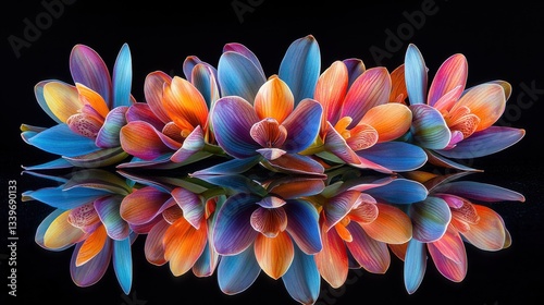 A captivating display of colorful orchids, symmetrically mirrored against a sleek, black backdrop.