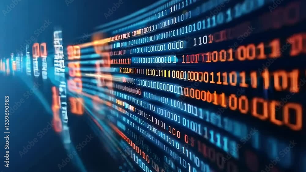 Long line of binary numbers with alternating orange and blue sections. Concept of order and structure, as the binary code is organized in a linear fashion