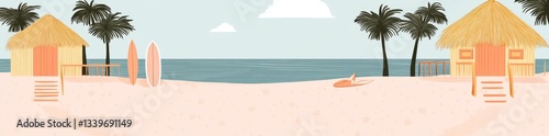 Featuring a surfboard, a Hawaiian bamboo hut, and a modern surfing bungalow, this beach tiki bar is surrounded by tropical plants. It's a summer cartoon island building with a straw roof, perfect for