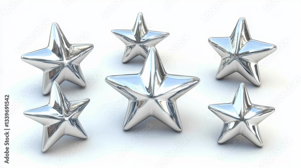 Obraz premium 3D chrome stars arranged in a futuristic Y2K style, isolated on a white background. Create a 3D cyber chrome galaxy emoji with stars, blings, and sparks cascading and soaring