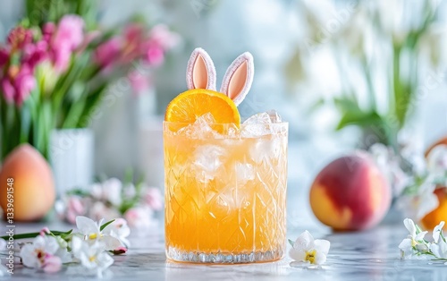 Easter cocktail with orange and peach flavors, garnished with bunny ears and spring flowers