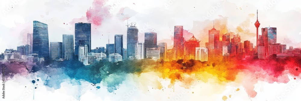 Obraz premium Jakarta Skyline Watercolor - Vibrant watercolor painting of Jakarta's cityscape, symbolizing growth, energy, culture, modernity, and diversity