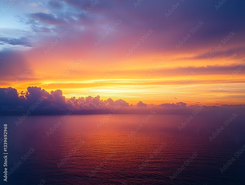 Naklejka premium Sunset sky, Nature beautiful Light Sunset or sunrise over sea, Colorful dramatic majestic scenery sky,Amazing clouds and waves in sunset sky nature light cloud background
