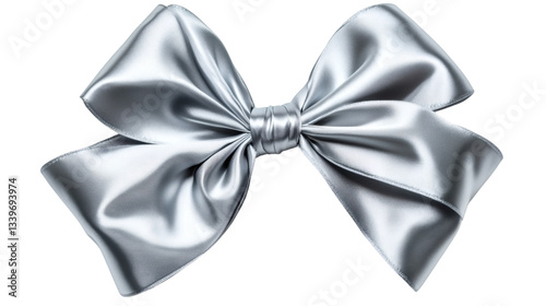 Silver satin gift bow with ribbon isolated on white background