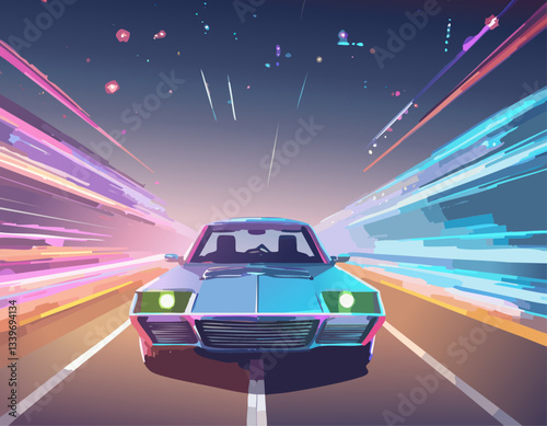 Retro-futuristic 80's car racing down a neon highway with dynamic lights and stars in the background.