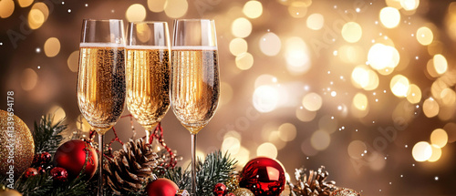 New Year background with champagne glasses and decorations on a golden bokeh, with space for a banner for festive celebrations or party themes.  photo