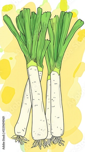 High quality illustration of Hand-drawn leeks with a whimsical touch in yellow, natural and fun