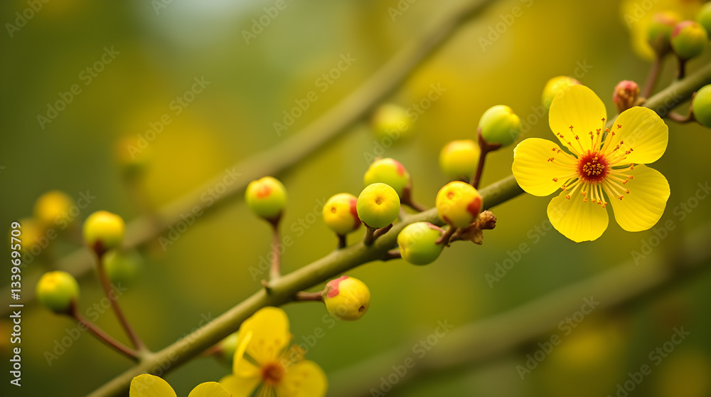 Spring Yellow Flowers and Buds on Branch - Nature Floral Close-up Photography Spring Yellow Flowers and Buds on Branch - Nature Floral Close-up Photography