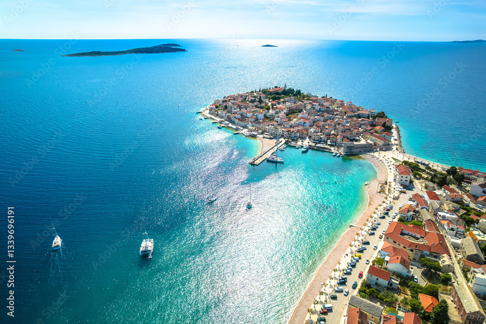 Croatia. Adriatic tourist town of Primosten aerial panoramic archipelago view